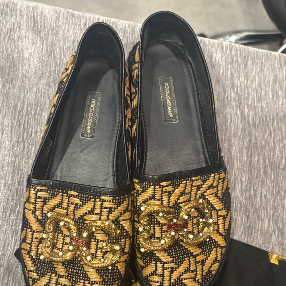 Dolce & Gabbana Black and Gold Patterned Loafers worn once looks brand new